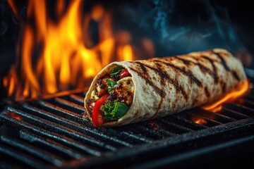 Grilled tortilla wrap filled with seasoned chicken and vegetables, cooking over an open flame