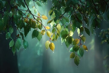 Sunlit leaves dripping after rain, hanging from branches