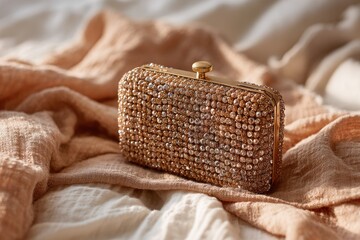 Beaded clutch rests on soft fabric