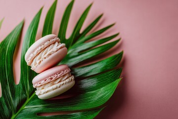 Pink macarons on a tropical leaf against a pink background