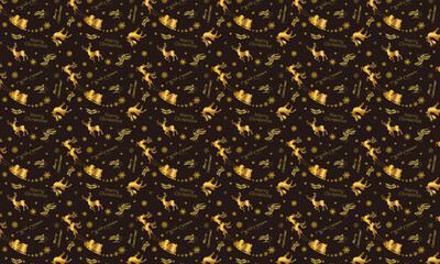 ゴールドカラーのサンタクロースとトナカイのシームレスパターン　黒地　クリスマス