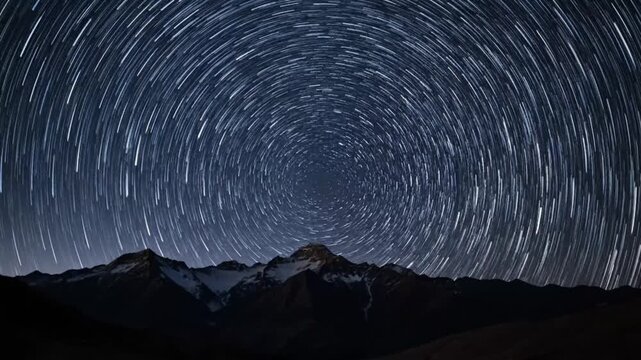 A breathtaking time-lapse of star trails moving across the night sky above mountains, celestial astronomy background in ultra HD 4K.