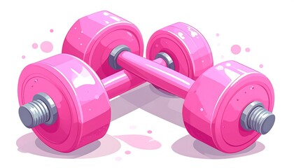 Two bright pink dumbbells, angled, against a white background, are in an isometric perspective, highlighting their glossy finish and details.