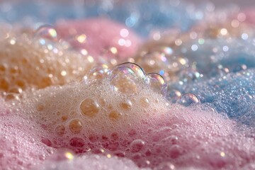 Close-up of pastel-colored foam with iridescent bubbles