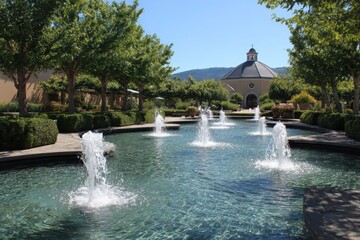 Commercial Fountains. Water Fountain Art with Statue of Saint at Robert Mondavi Winery, Christian Religious Theme in Napa Valley