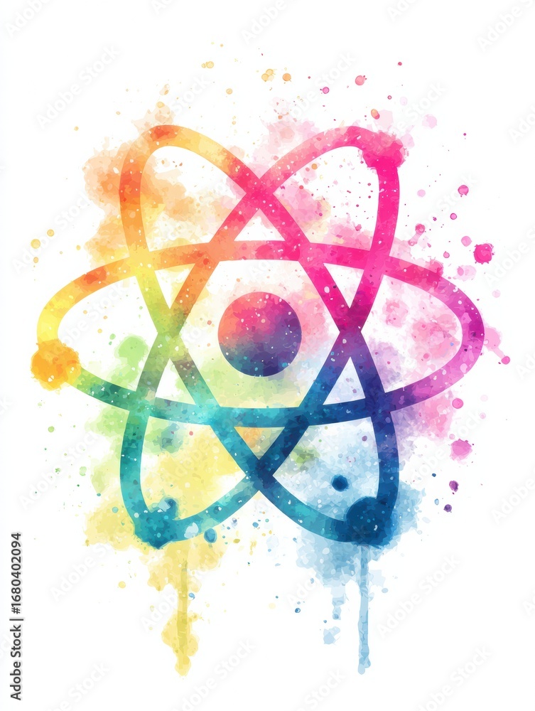 Poster colorful abstract representation of an atom with vibrant splashes in a whimsical design