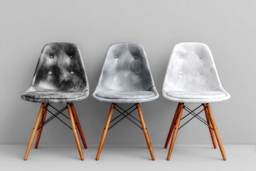 Three modern chairs in varying shades of gray and white, arranged in a row against a neutral backdrop
