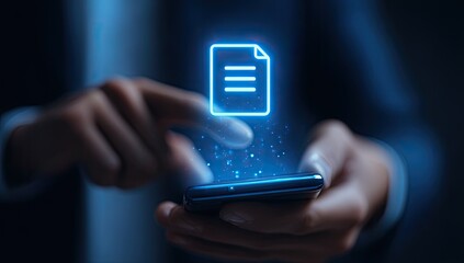 Person's hands hold a phone with a glowing document icon