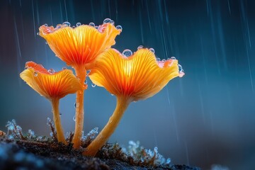 Glowing orange mushrooms in rain