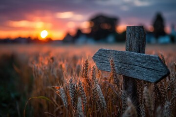 Weathered wooden signpost in a golden wheat field at sunset