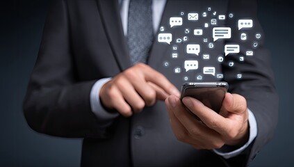 Businessman holding phone with communication icons
