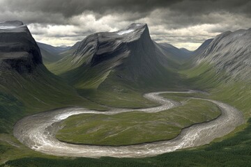 Serpentine river meanders through a mountainous valley under a dramatic sky
