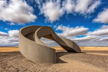 Abstract concrete structure on arid landscape under a bright sky