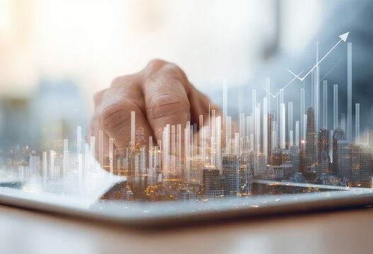 A hand interacts with a tablet displaying a city skyline overlaid with financial charts