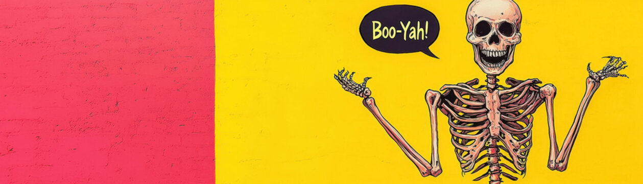 Halloween popart funny cartoon skeleton speech bubble vibrant yellow wall playful boo yah comic vibe