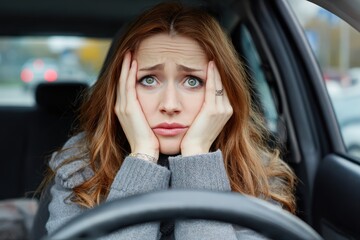 Concerned Driver. Frustrated Woman Inside Car, Scared to Start Driving After Accident. Unhappy Female Suffering Headache, Stress, and Anxiety