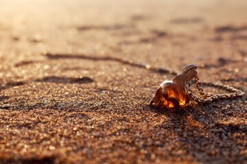 Amber pendant necklace rests on sunlit sand