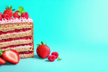 A slice of layered cake with berry filling and frosting, adorned with fresh strawberries and raspberries, sits on a vibrant teal background