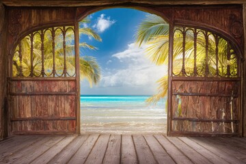 Wooden doorway opens to tropical beach scene