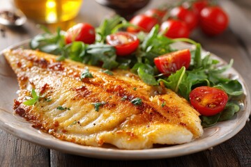 Cooked Flounder. Fried Fish Dish with Fresh Tomatoes in White Dinner Plate