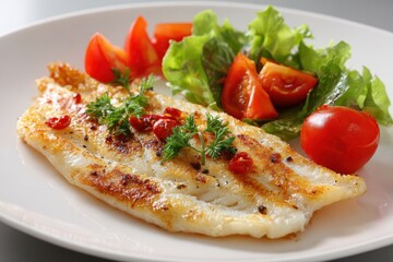 Cooked Flounder. Fried Fish Snack with Fresh Tomatoes on White Plate