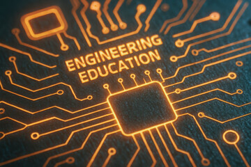 Engineering education innovation inspire modern circuit board learning with glowing microchip and schematic pathways conveying technology