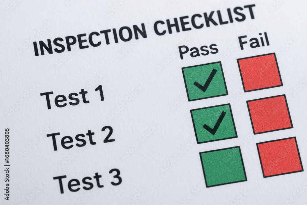 Aufkleber inspection checklist with test result comparison for industry use, showing pass and fail options for
