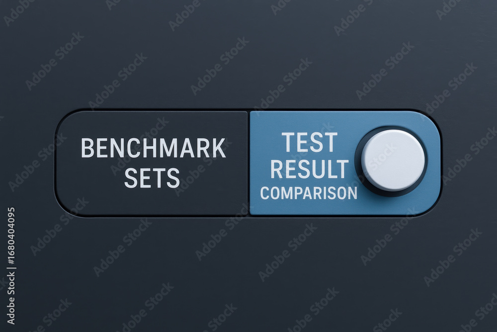 Aufkleber test result comparison button for industry benchmark sets on modern control panel, concept of perfor