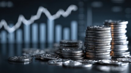 Stack of Coins with Graph: A visual metaphor for financial growth, featuring stacks of coins rising in front of a blurred graph, suggesting a positive trend. Generative Ai