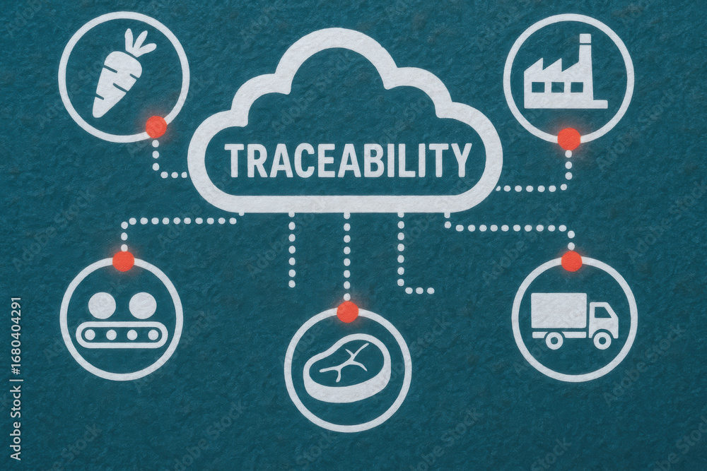 Poster traceability concept in food processing industry ensures quality control from farm to factory and de