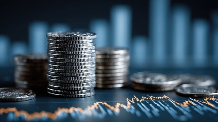 Financial Growth: Stacked coins represent financial success in a dynamic business setting, with fluctuating charts hinting at the exciting potential for progress and prosperity. Generative Ai