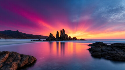 Vibrant purple and orange sunset illuminates jagged rock formations reflected calm ocean waters, creating serene and dramatic