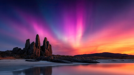 Vibrant purple aurora illuminates sky over serene beach with rocky formations, reflecting beautifully on calm water
