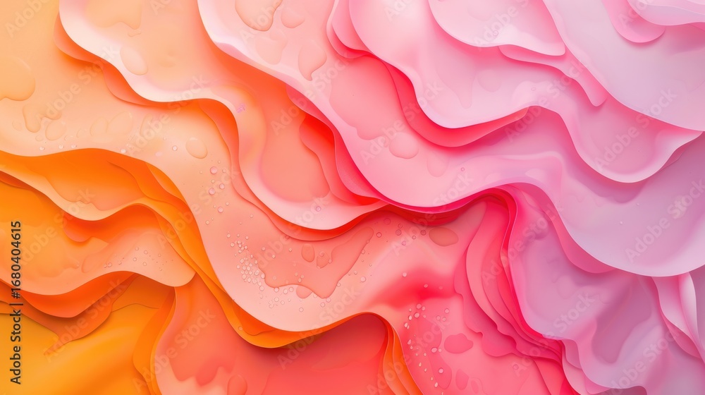 Poster layered abstract shapes with water droplets in orange and pink tones. 3d digital art for vibrant des