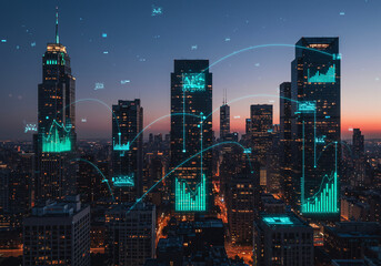 City skyline at dusk with digital graphs and data overlays displayed on buildings, representing financial market activity and urban technology.