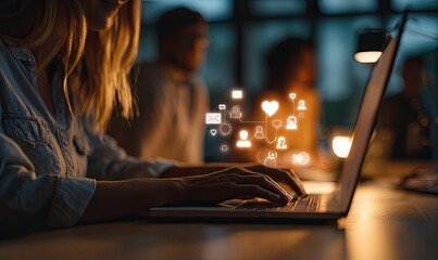 Woman working late at laptop; social media icons overlay