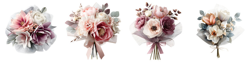 Romantic Watercolor Flower Bouquet Set, Soft Pastel Colors on White