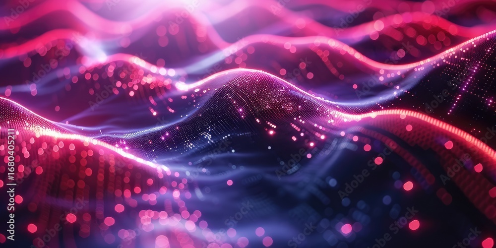 Poster futuristic digital waves with pink and purple glowing particles. abstract technology. background ima