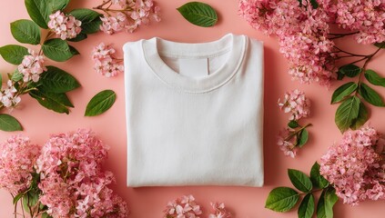 Folded white t-shirt surrounded by pink flowers and leaves on a coral background