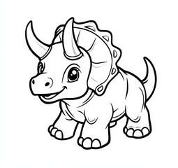 Fototapeta premium Cute baby Triceratops dinosaur coloring page, simple cartoon vector line drawing with thick black outlines, minimal kids illustration on white background.
