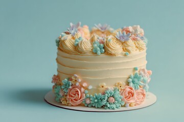 11.	A pastel-colored buttercream cake with floral decorations on a pastel sky blue background 
