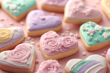 12.	A pile of heart-shaped cookies with pastel icing patterns on a pastel rose background 