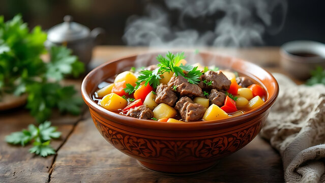 Delicious bozbash on a plate. Traditional Azerbaijani bozbash. Hearty bozbash soup with meat and vegetables