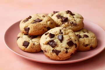 13.	A plate of freshly baked chocolate chip cookies with golden edges on a pastel peach background 