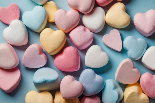 Assortment of pastel colored heart shaped candies on a blue background candy love
