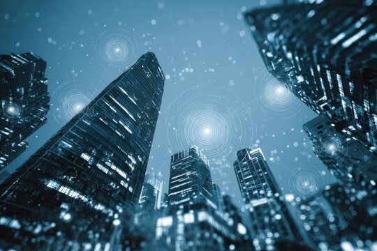 Modern city buildings, digital network overlay