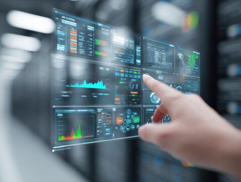 A person interacts with a touchscreen display showing various data analytics and system performance metrics in a modern server room. The environment is high-tech and futuristic.