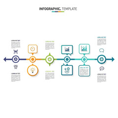 Infographic template design showing a timeline with various icons and elements for business presentations and data analysis.