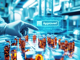 A laboratory worker in a white glove inspects multiple vials of medication in a modern pharmaceutical facility, verifying their FDA approval status in a high-tech environment.