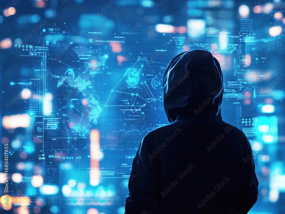 Poster a figure in a hood stands before a transparent display filled with glowing data and graphics. the se